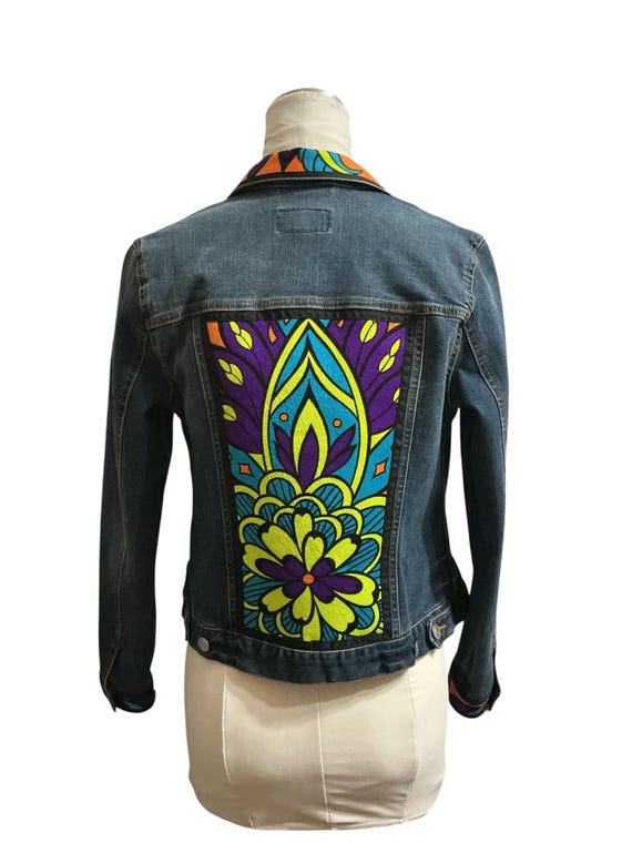Emberá Paruma Fabric Denim Jacket – Embellished Statement Jean Jacket, Size Large
