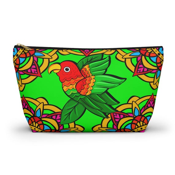 Colorful Parakeet Lime Green Mandala Accessory Pouch