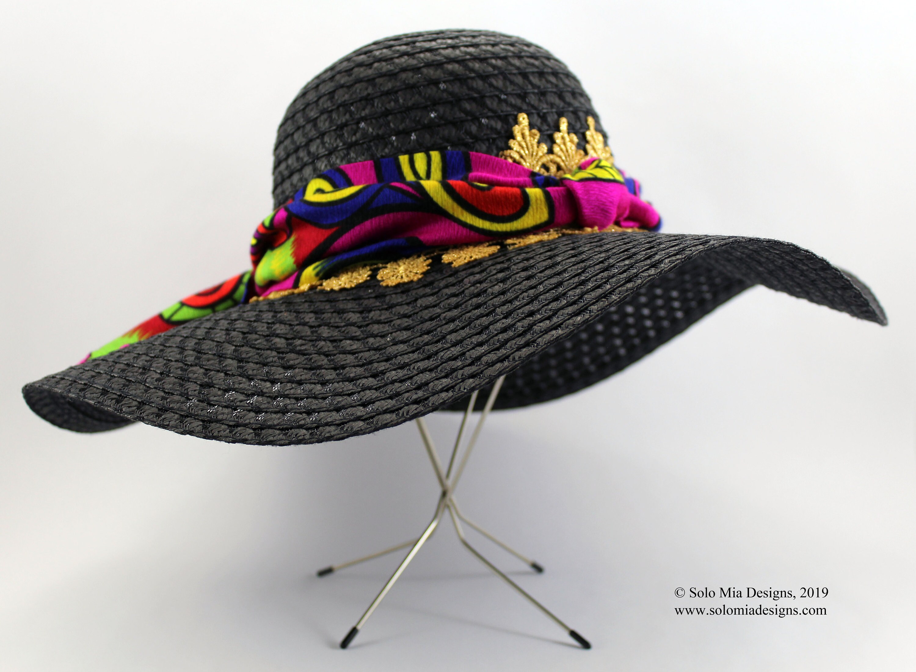 Black Straw Hat with Paruma Fabric Trim and Gold Lace Trim