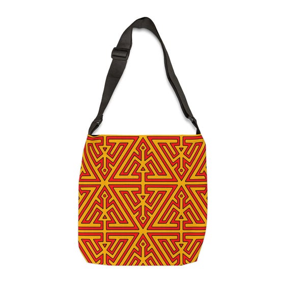 Geometric Mola Pattern Tote Bag | Red and Gold Adjustable Strap