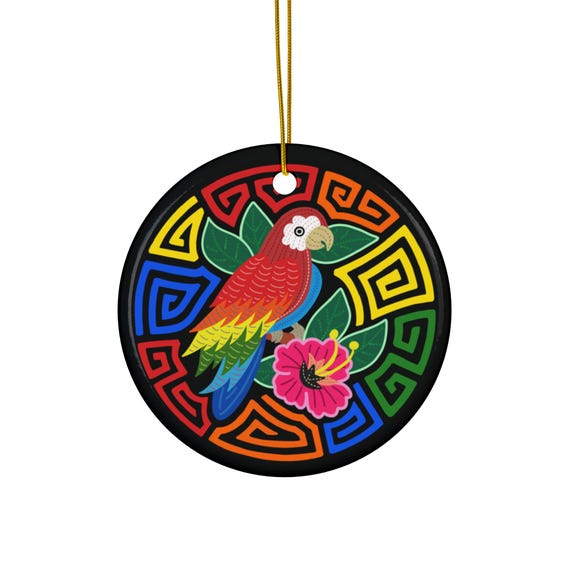 Rainbow Parrot Floral Ceramic Ornament | Round Holiday Decoration