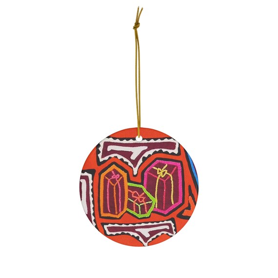 Christmas Presents Mola Round Ceramic Ornament