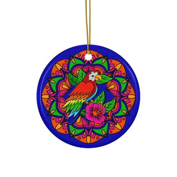 Tropical Parrot Mandala Ceramic Ornament | Round Beach Bird Design