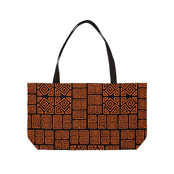 Orange Geometric Mola Tote Bag – Large Weekender Travel Shoulder Bag