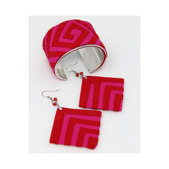 Mola Textile Art Cuff Bracelet and Earring Set