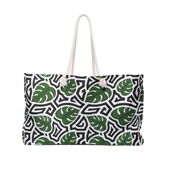 Green Monstera Leaf and Mola Pattern Weekender Bag | Tropical Tote