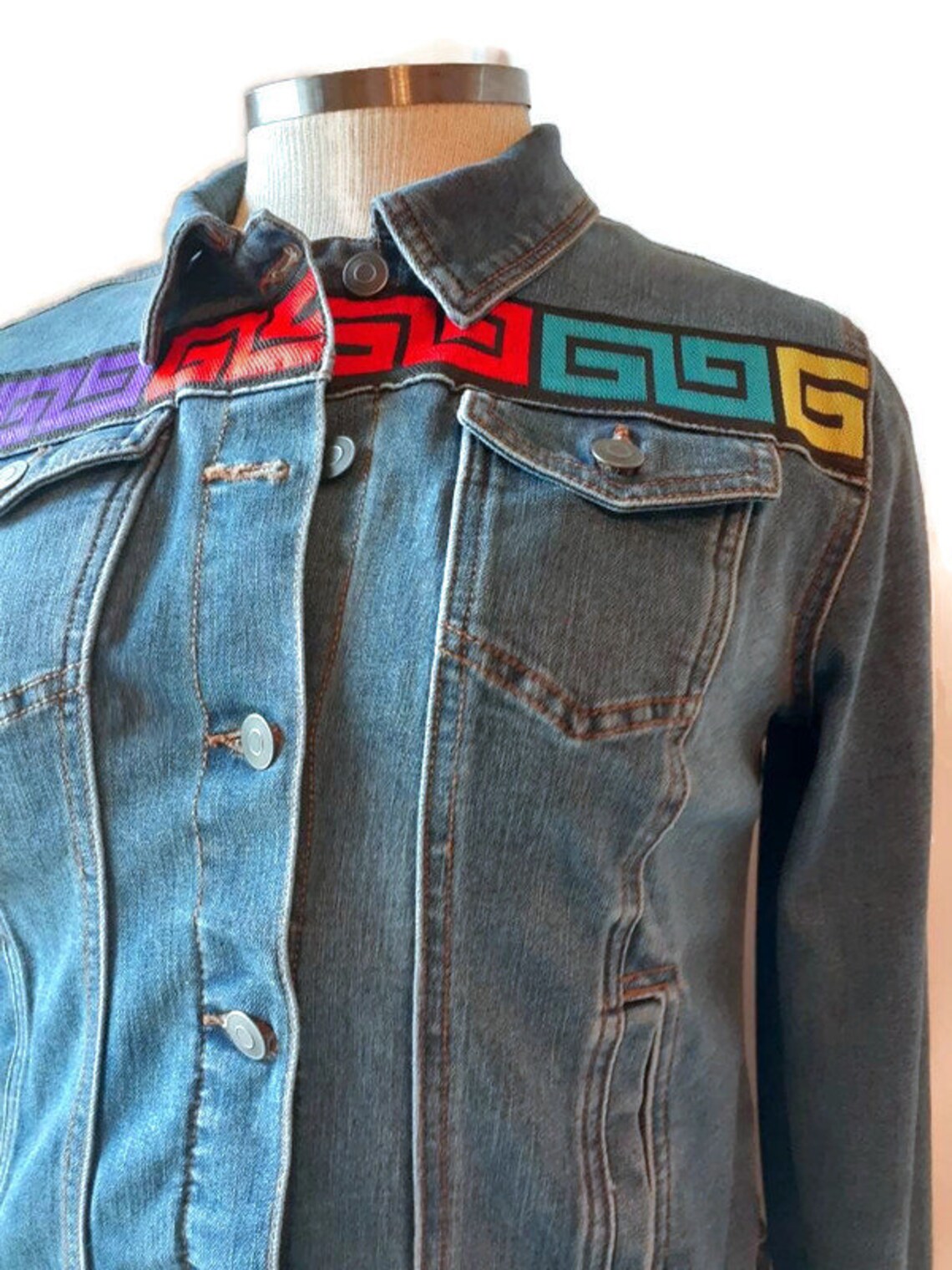 Blue Denim Jacket Embellished With Multicolor Mola and Ric Rac | Etsy