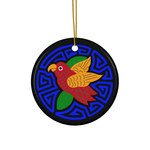 Colorful Parakeet Mola Ceramic Ornament | Round Bird Ornament