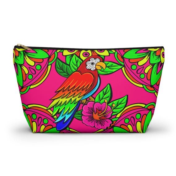 Hot Pink Parrot Floral Accessory Pouch