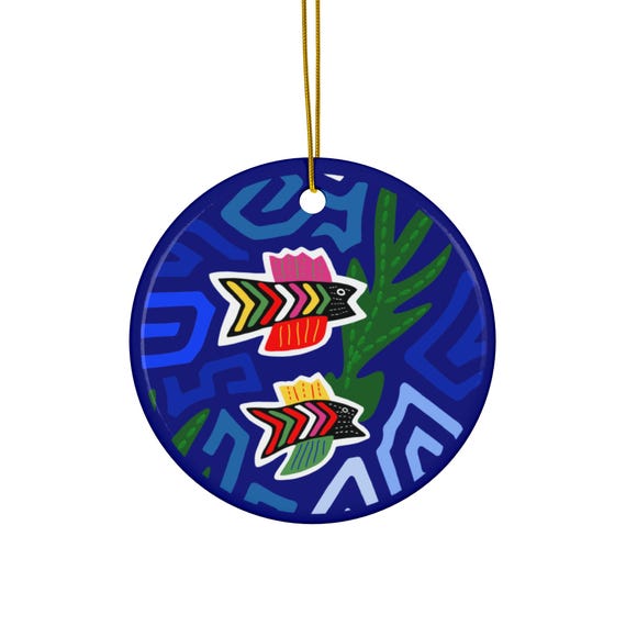 Colorful Fish Mola Ceramic Ornament | Round Holiday Decor