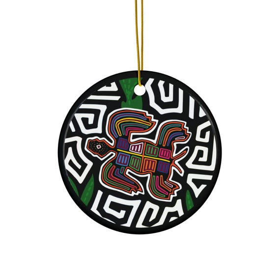 Colorful Sea Turtle Mola Ornament | Ceramic Round Ornament