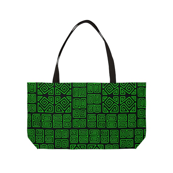 Emerald Green Mola Maze Tote Bag – Large Geometric Weekender Travel Shoulder Bag