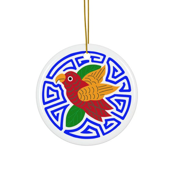 Colorful Parakeet Mola Ceramic Ornament | Round Holiday Decoration