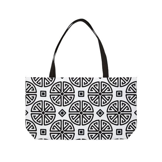 Geometric Circle Pattern Weekender Tote Bag | Black White Mosaic Motif