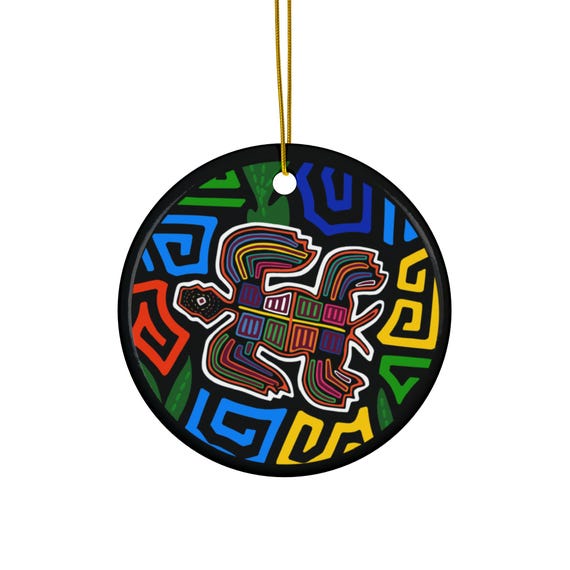 Colorful Sea Turtle Mola Ceramic Ornament | Round Holiday Decoration
