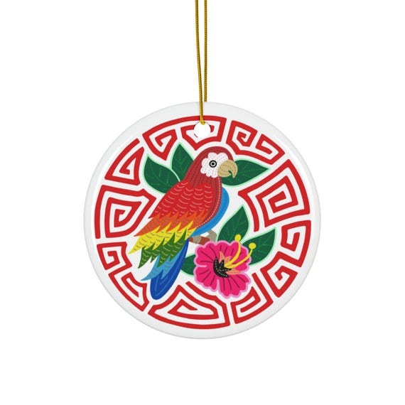Vibrant Parrot Tropical Leaves Ceramic Ornament | Glossy Round Holiday Decor
