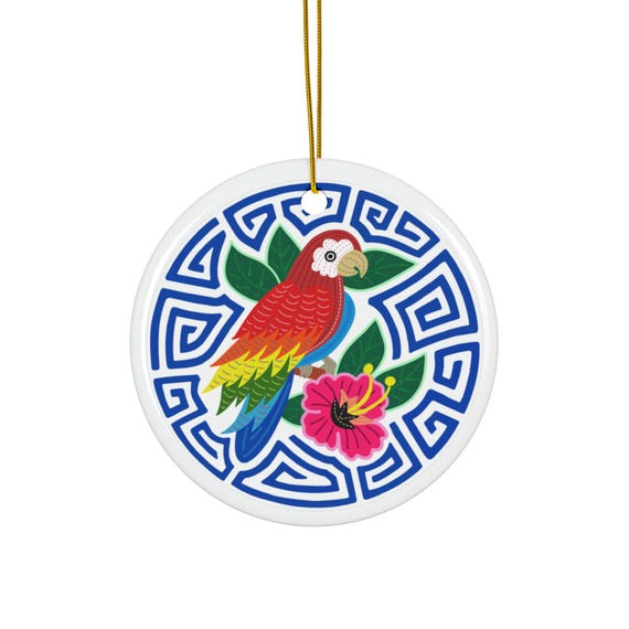 Ceramic Ornament, Panama Mola Parrot Design, Christmas Tree Decoration, Hanging Holiday Décor, Tropical Bird Lover Gift