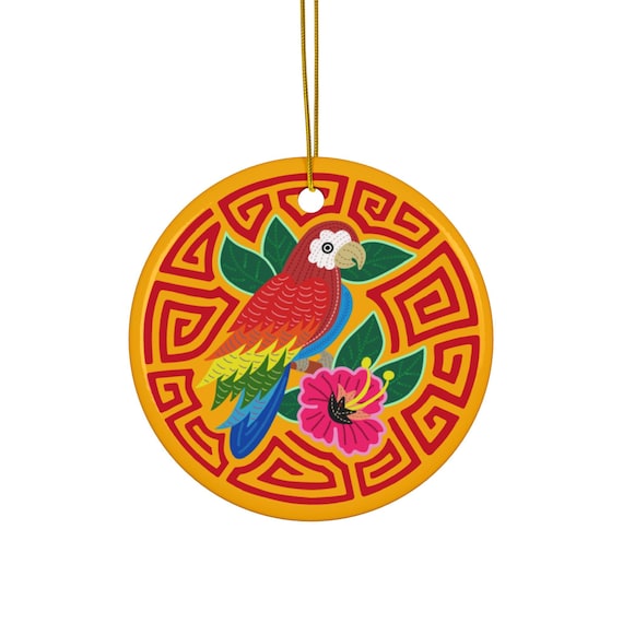 Tropical Parrot Ceramic Ornament | Round Holiday Decoration