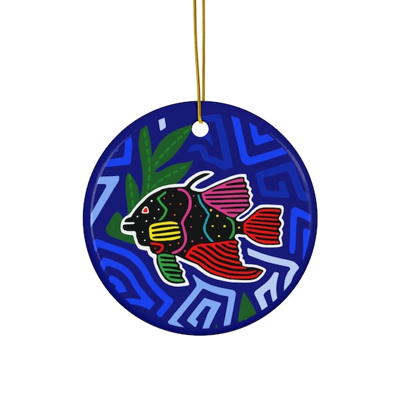 Colorful Tropical Fish Mola Ceramic Ornament | Round Holiday Decoration