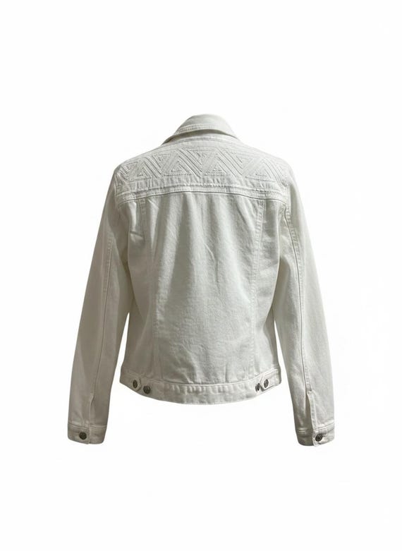 White Denim Jacket Embellished with a White-on-White Mola and Taffeta Trim, Size Large