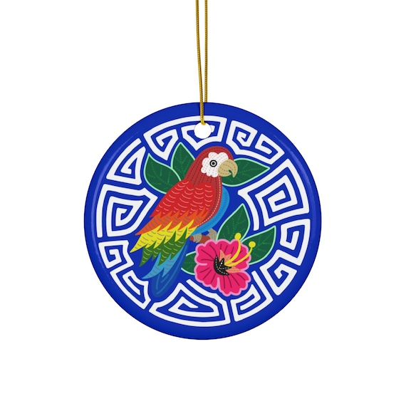 Tropical Parrot and Hibiscus Ceramic Ornament | Round Ornament