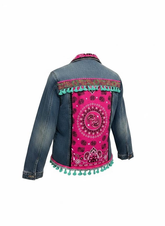 Boho Embellished Denim Jacket Size L – Hot Pink Bandana, Mola Ribbon & Turquoise Fringe