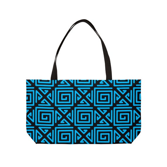 Blue Geometric Spiral Pattern Weekender Tote Bag | Mola Inspired Beach Bag