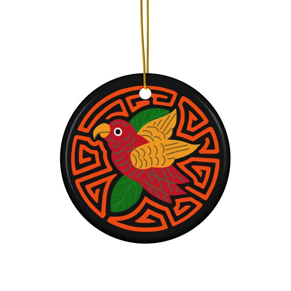 Parakeet Mola Ornament | Round Bird Holiday Decoration