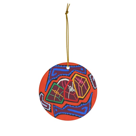 Christmas Presents Mola Round Ceramic Ornament