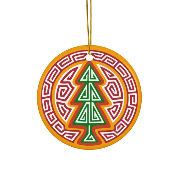Mola Christmas Tree Ornament | Round Ceramic Holiday Medallion