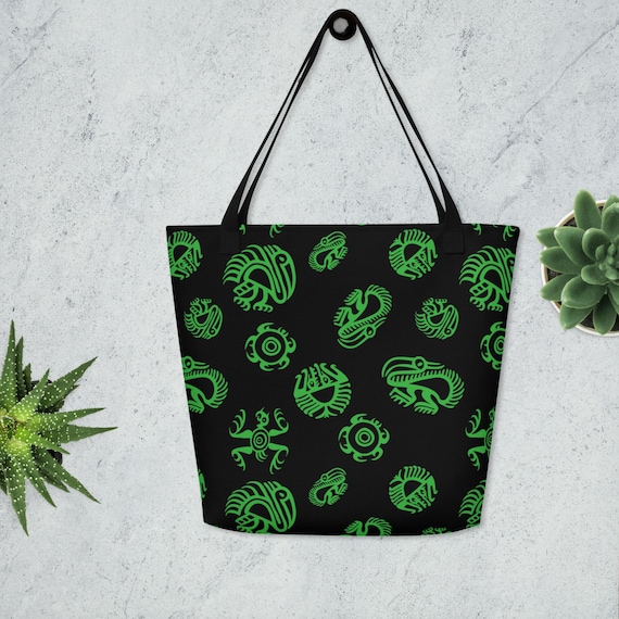 Pre-Columbian Art Print on Large Tote Bag, Green and Black