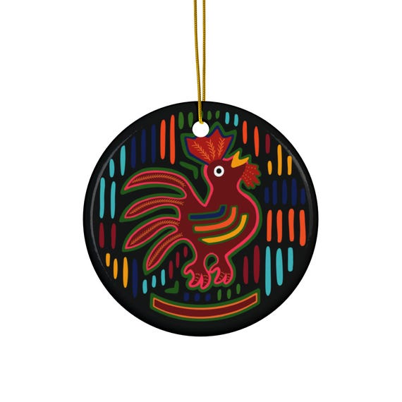 Colorful Rooster Ceramic Ornament | Round Holiday Tree Decoration