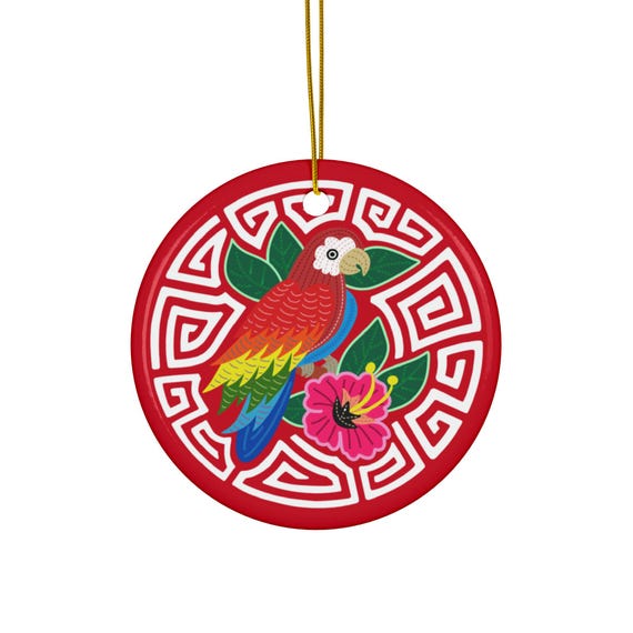 Red Parrot Floral Ceramic Ornament | Round Holiday Decoration