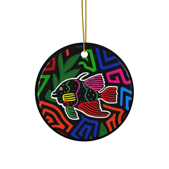 Colorful Fish Mola Ceramic Ornament | Round Holiday Decoration