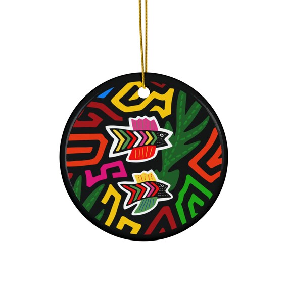 Colorful Fish Mola Ceramic Ornament | Round Holiday Decoration