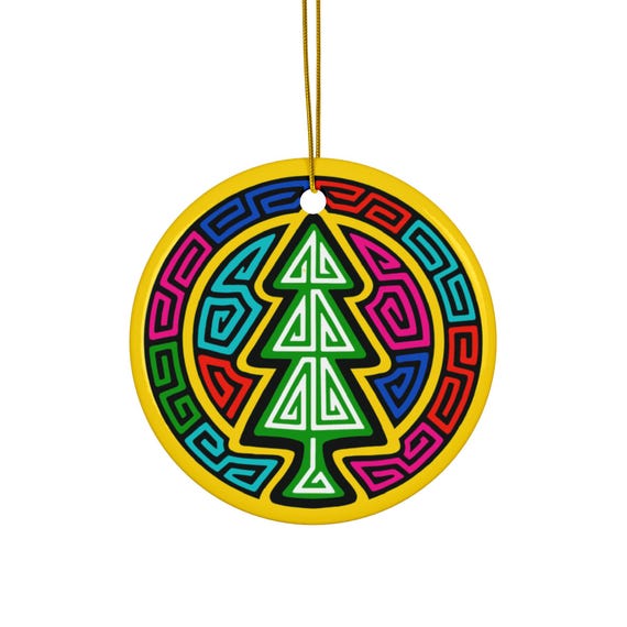 Colorful Geometric Christmas Tree Ornament Ceramic Ornament | Round Holiday Decoration