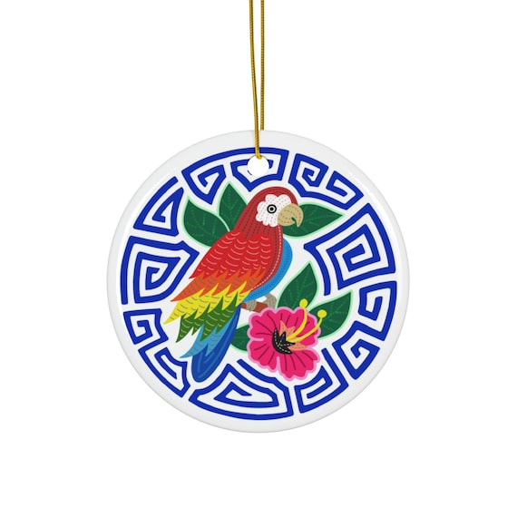 Parrot Hibiscus Ceramic Ornament | Tropical Island Decor, Round Christmas Tree Charm