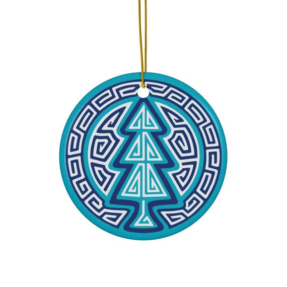Turquoise Geometric Tree Ceramic Ornament | Round Holiday Ornament