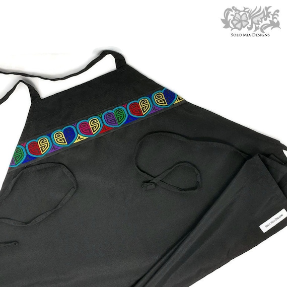 Black Apron with Heart Mola Jacquard Ribbon