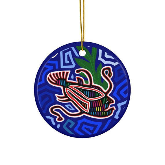 Angler Fish Mola Ceramic Ornament | Round Holiday Decoration