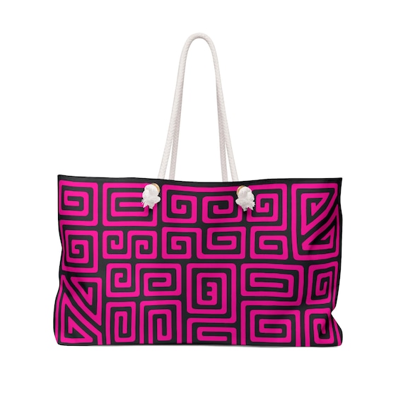 Hot Pink Geometric Mola Weekender Bag | Bold Spiral Tote