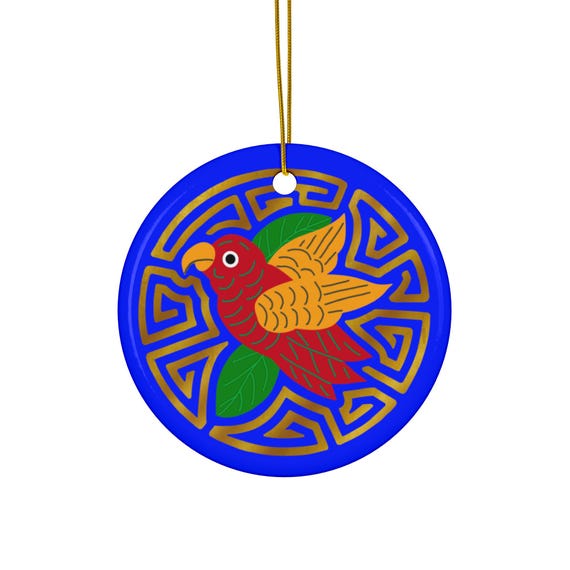 Colorful Parakeet Mola Ceramic Ornament | Round Shape