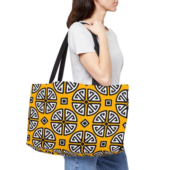 Geometric Medallion Pattern Weekender Tote Bag | Yellow Black Tile Design