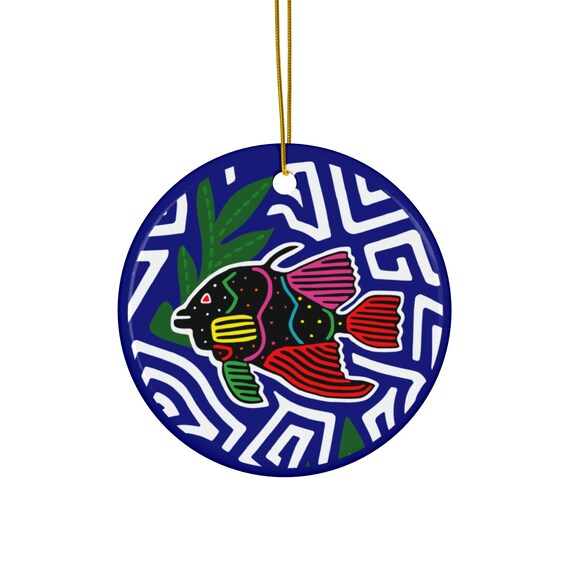 Colorful Tropical Fish Mola Ceramic Ornament | Round Holiday Decoration