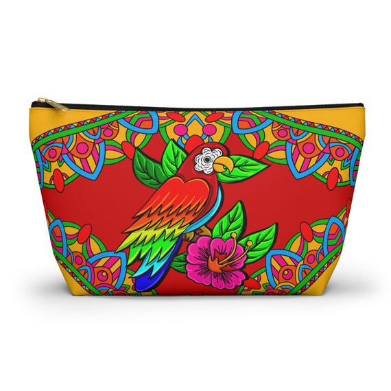 Colorful Parrot Floral Design Accessory Pouch | T-Bottom