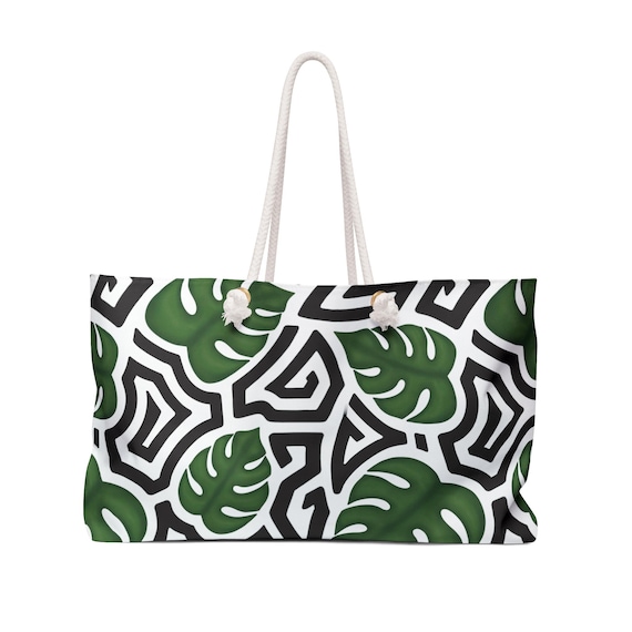 Monstera Leaf with Mola Pattern Weekender Bag | Tropical Botanical Tote