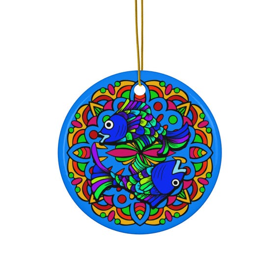 Pisces Fish Mandala Ceramic Ornament | Round Holiday Decoration
