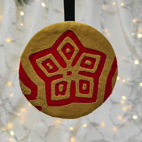 Mola Textile Christmas Ornament Mustard Yellow and Red Linen