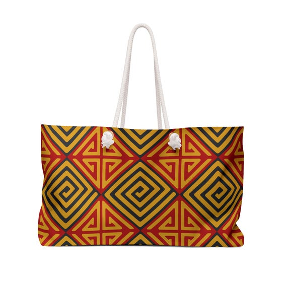 Geometric Mola Pattern Weekender Bag | Bold Red Gold Diamond Tote