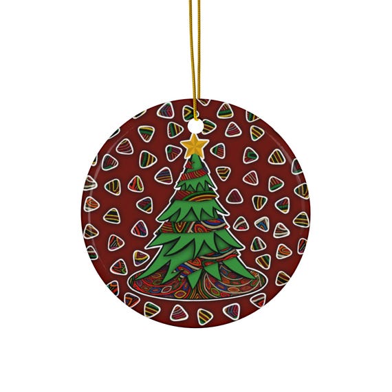 Whimsical Christmas Tree Ceramic Ornament | Round Holiday Decoration